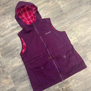 Columbia Ridgeway Vest Women Size‎ Large Plaid Lining Hooded Plum Full Zip